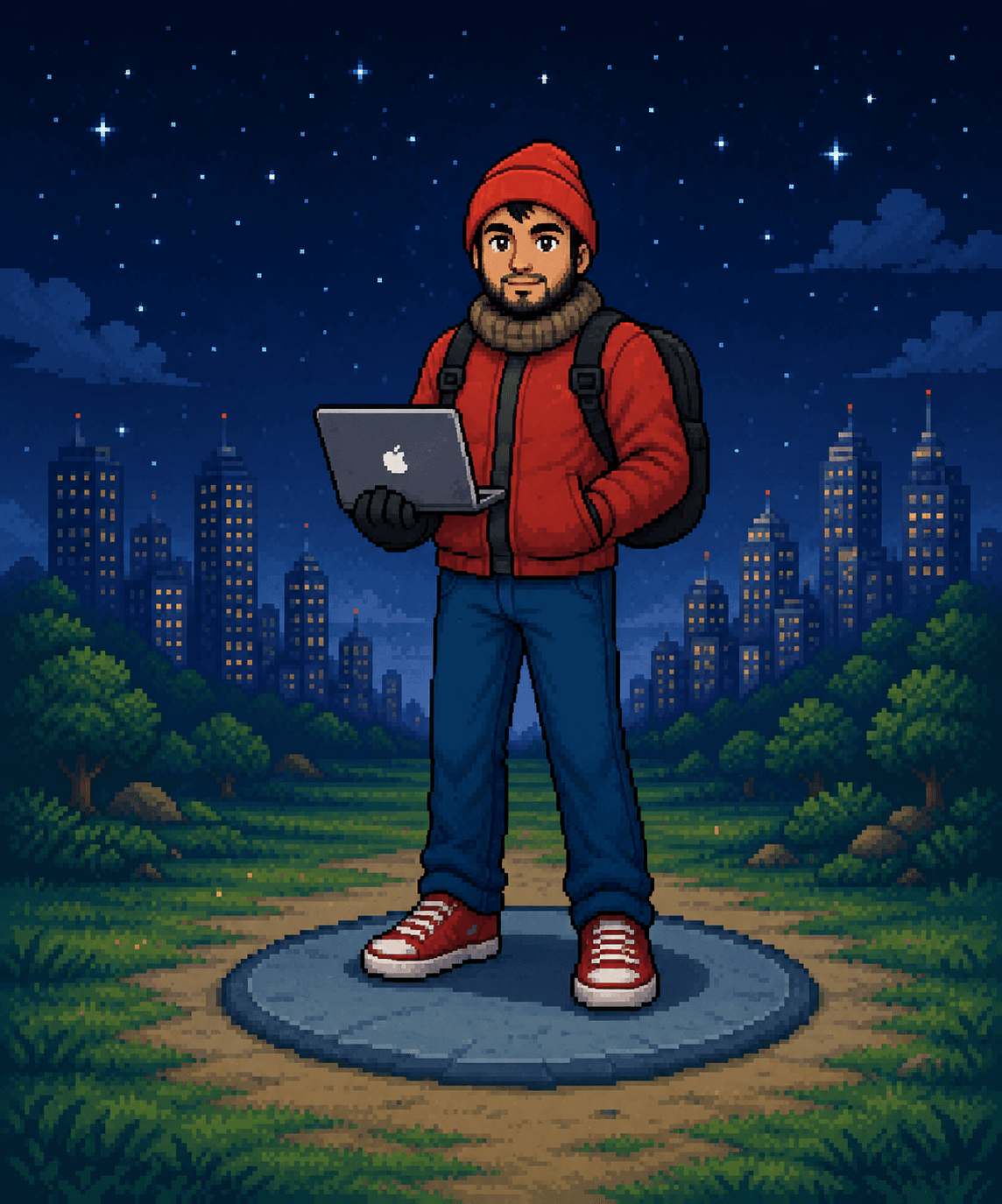 Pixel-art avatar of Alejandro Paz with a red beanie and a laptop, standing in front of a night city skyline
